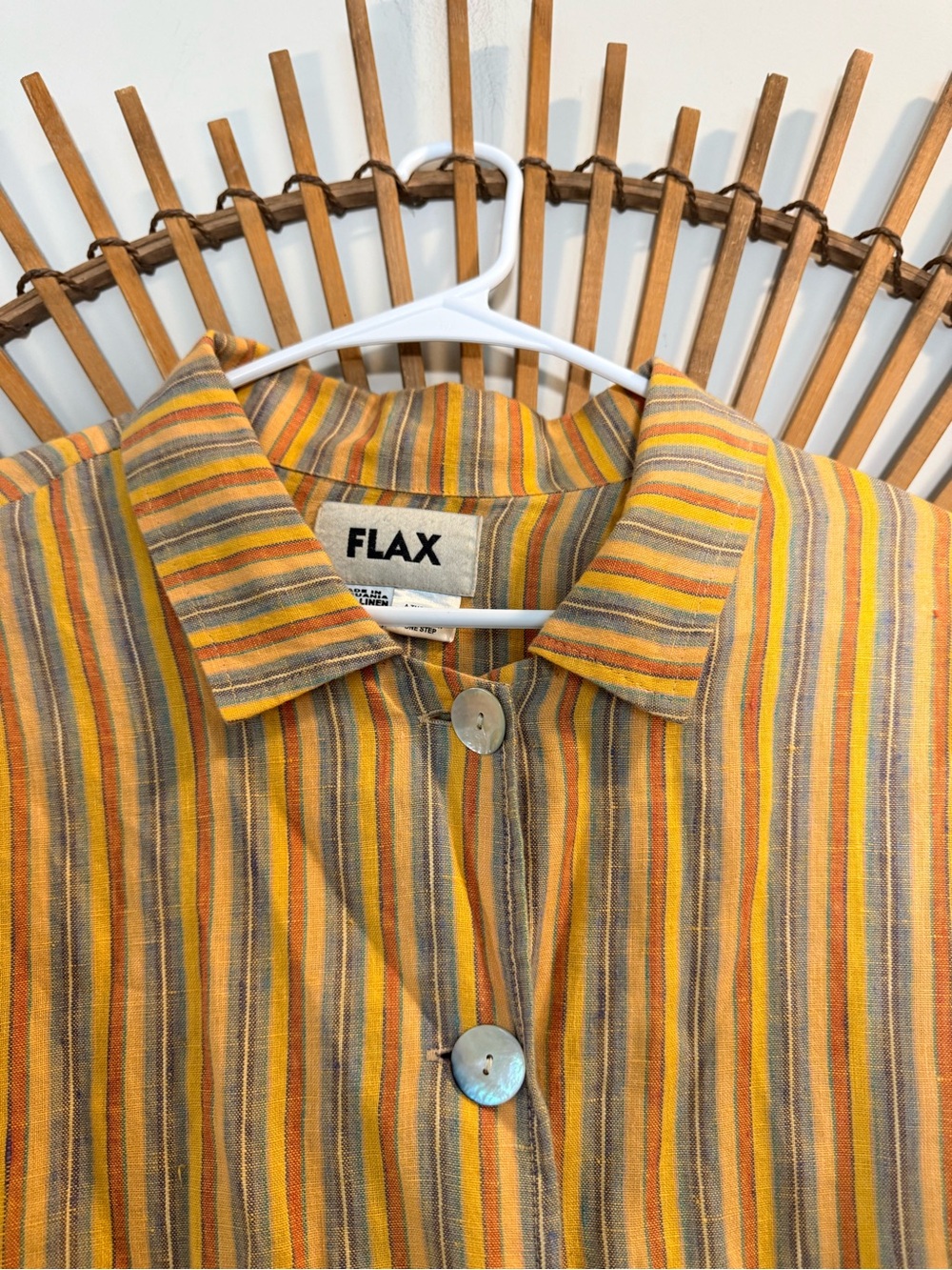 Flax Women’s Yellow Linen Multi Striped Button Down Jacket w Pockets Lagenlook L - Picture 6 of 14